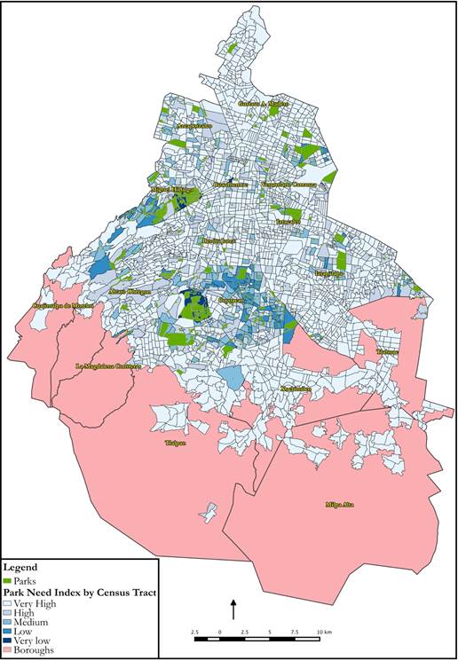 Park need index by census tract for Mexico City and existing parks