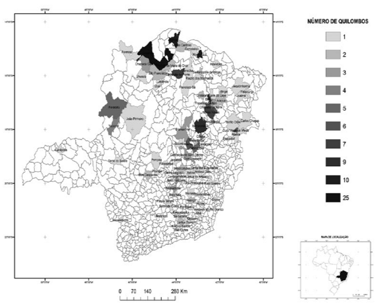 Municipios con presencia de comunidades quilombolas en el estado de
							Minas Gerais