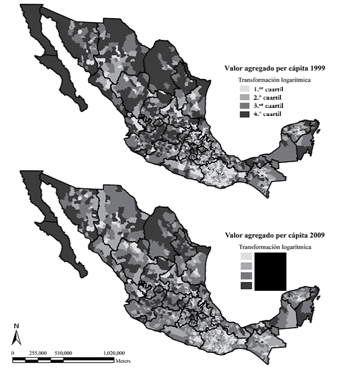 Distribución por cuartil de los niveles de desarrollo económico municipal en México