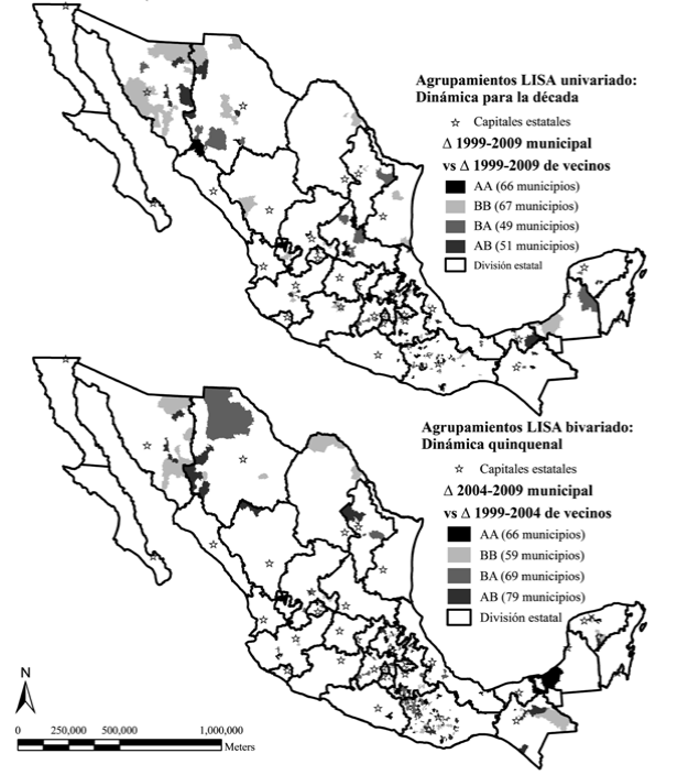 Heterogenidad espacial en el crecimiento económico municipal de
								México (Transformación logarítmica de la tasa anual de crecimiento
								económico)
