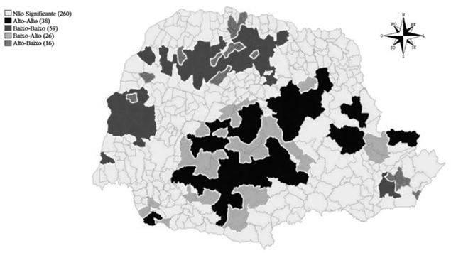 Mapa de clusters bivariado para proporção de famílias
								beneficiadas pelo PBF e Taxa de Desemprego Urbano nos municípios
								paranaenses, 2010