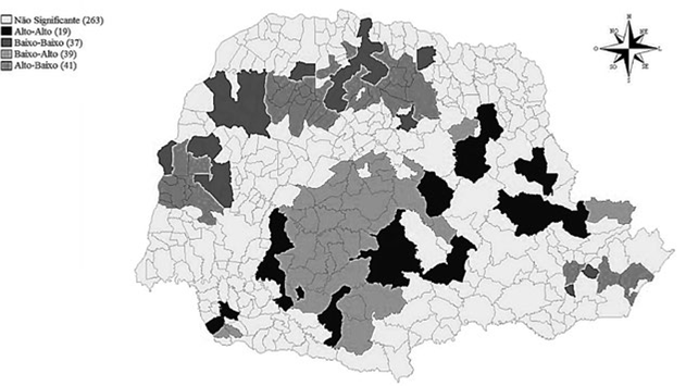 Mapa de clusters bivariado para proporção de famílias
								beneficiadas pelo PBF e Taxa do Saldo de Emprego de Pessoas com
								Ensino Fundamental Completo nos municípios paranaenses, 2010