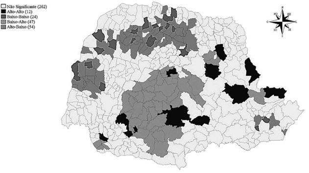 Mapa de Clusters bivariado para proporção de famílias
								beneficiadas pelo PBF e Taxa do Saldo de Emprego de Pessoas com
								Ensino Médio Completo nos municípios paranaenses, 2010
