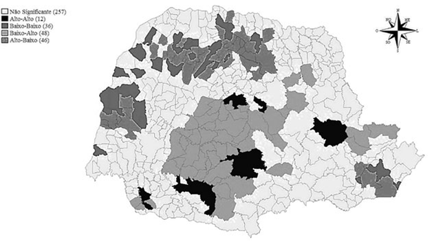 Mapa de clusters bivariado para proporção de famílias
								beneficiadas pelo PBF e Taxa do Saldo de Emprego de Pessoas com
								Ensino Superior Completo nos municípios paranaenses, 2010
