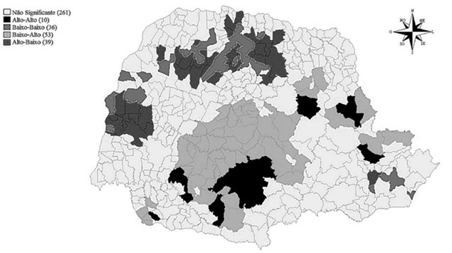 Mapa de clusters bivariado para proporção de famílias
								beneficiadas pelo PBF e PIB per capita nos municípios paranaenses,
								2010