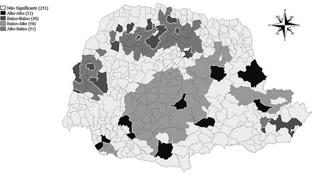 Mapa de clusters bivariado para proporção de famílias
								beneficiadas pelo PBF e Taxa de Emprego na Indústria de
								Transformação nos municípios paranaenses, 2010