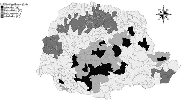 Mapa de clusters bivariado para proporção de famílias
								beneficiadas pelo PBF e Taxa de Emprego no Comércio nos municípios
								paranaenses, 2010