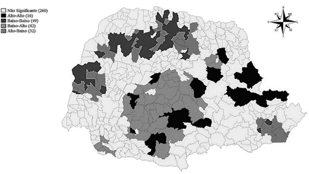 Mapa de clusters bivariado para proporção de famílias
								beneficiadas pelo PBF e Taxa de Emprego nos Serviços nos municípios
								paranaenses, 2010