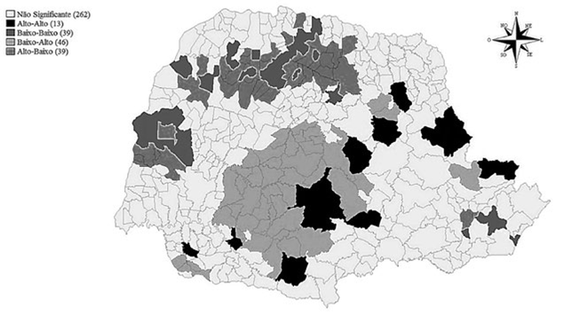 Mapa de clusters bivariado para proporção de famílias
								beneficiadas pelo PBF e Taxa de Emprego Masculino nos municípios
								paranaenses, 2010