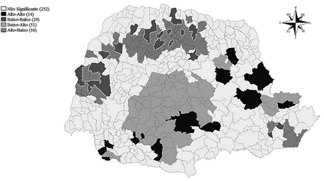 Mapa de clusters bivariado para proporção de famílias
								beneficiadas pelo PBF e Taxa de Emprego Feminino nos municípios
								paranaenses, 2010