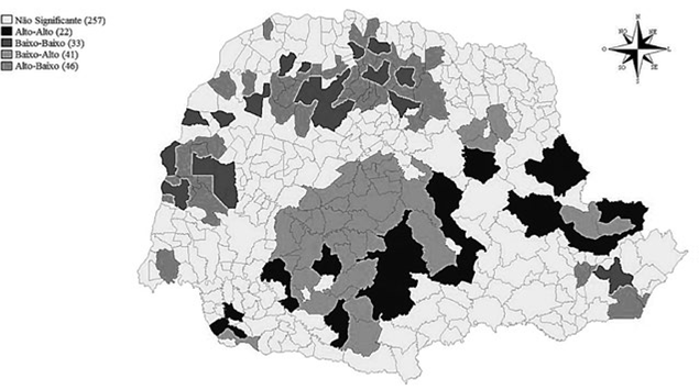 Mapa de clusters bivariado para proporção de famílias
								beneficiadas pelo PBF e Taxa do Saldo de Emprego Formal Total nos
								municípios paranaenses, 2010