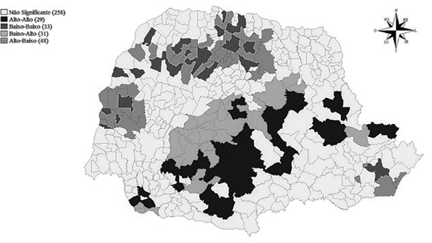 Mapa de clusters bivariado para proporção de famílias
								beneficiadas pelo PBF e Taxa do Saldo de Emprego Formal Masculino
								nos municípios paranaenses, 2010