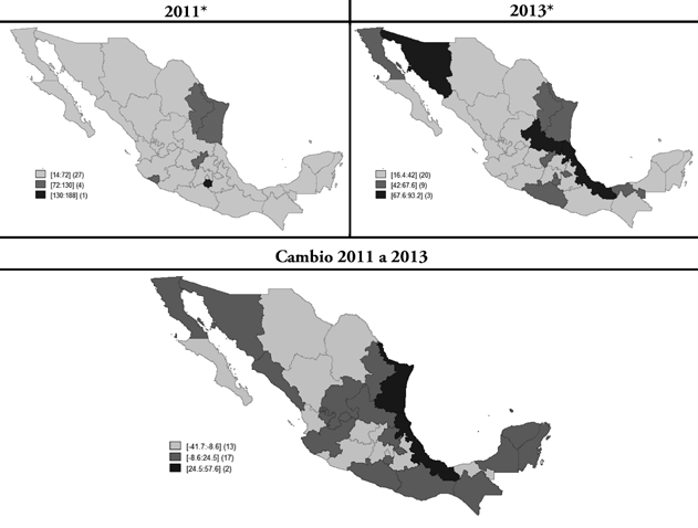 Mapas de las pérdidas económicas promedio a consecuencia del delito, 2011 y 2013
