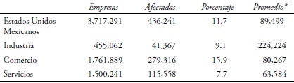 Empresas y pérdidas afectadas por el sector informal por gran sector de la economía, 2011