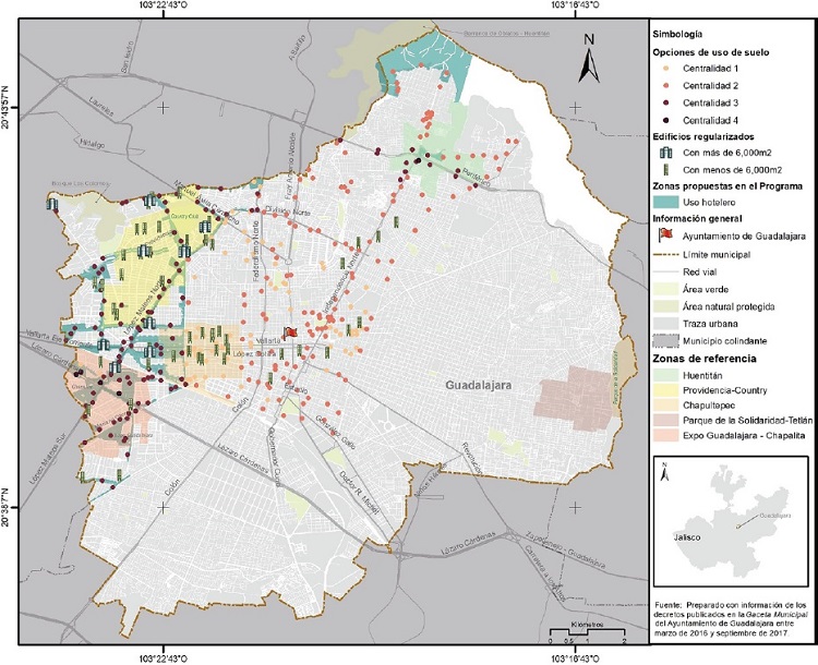 Distribución geográfica de los usos de suelo considerados en el programa CIMAU para impulsar centralidades y ubicación de edificios regularizados