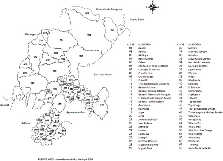 Estado de Zacatecas con división política por municipios