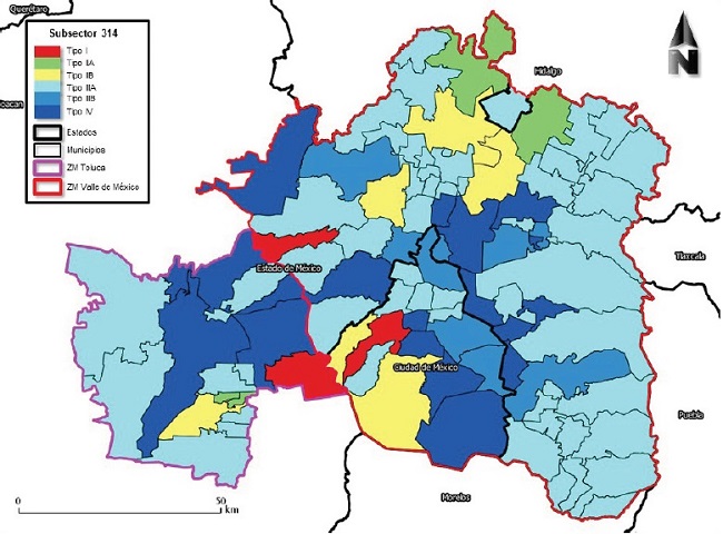 Tipología de resultados del shift-share espacial. Subsector 314 Fabricación de productos textiles