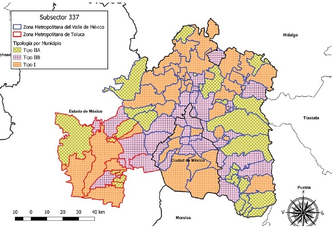 Tipología de resultados del shift-share espacial. Subsector 337 Fabricación de muebles, colchones y persianas