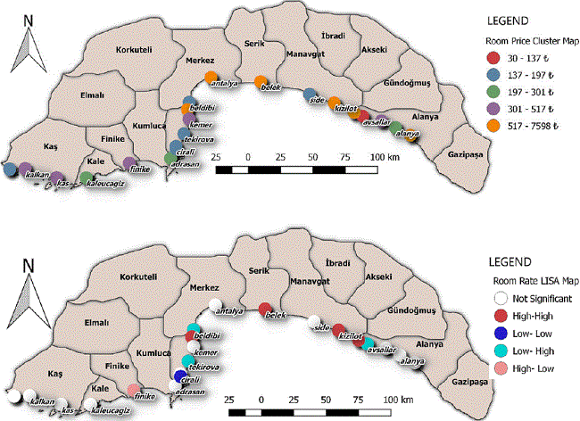 Spatial Distribution of the Room Rates and the LISA Analysis Map of the Accommodation Facilities in Antalya