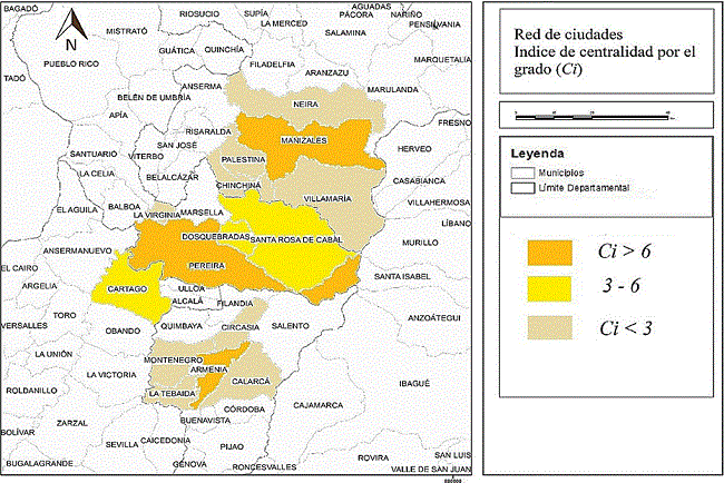Centralidad por el grado en la red de ciudades de la ciudad región