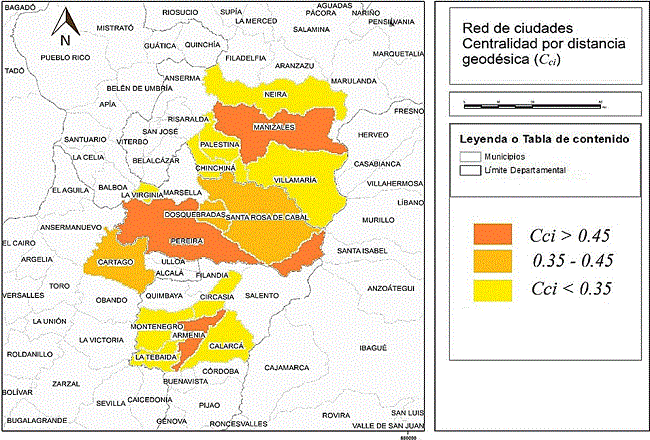 Centralidad por distancia geodésica en la red de ciudades de la ciudad región