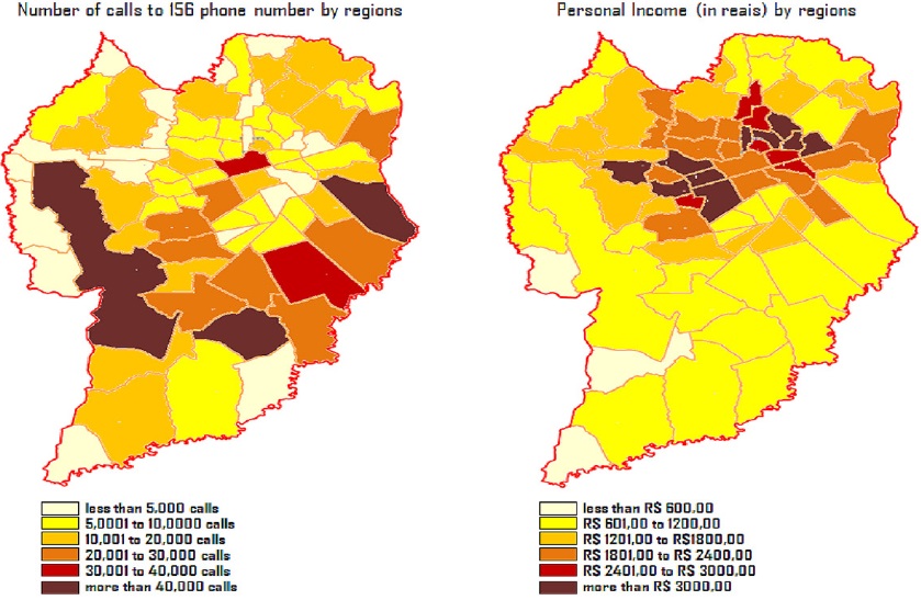 Comparison between number of requests and personal income after 5 years old, by region