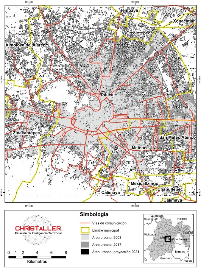 Toluca: mapa de comparaci&oacute;n visual de Toluca en el crecimiento 2003-2031, uso del modelo de Cadenas de Markov espaciales