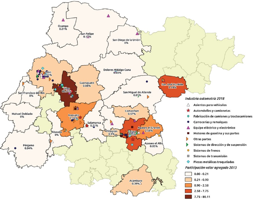 Valor de la producción y distribución de las clases de actividad de la industria automotriz en Guanajuato