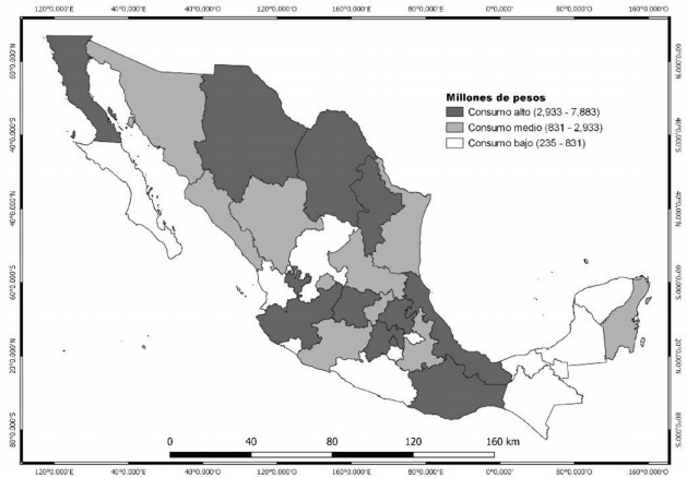 Consumo de agua por estado, 2018 (millones de pesos)