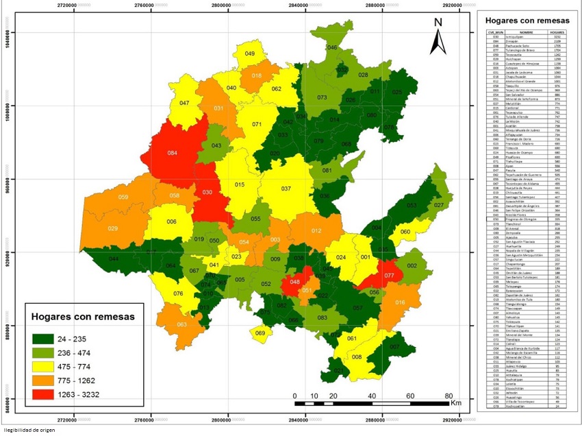 Total de hogares con remesas a nivel municipal, Hidalgo 2015