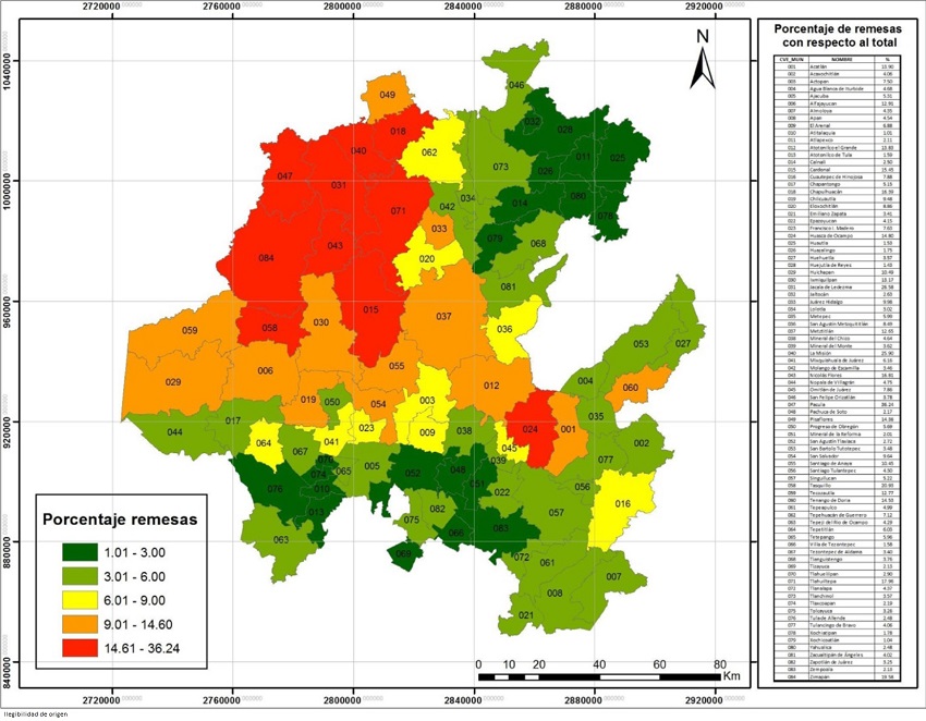 Porcentaje de hogares con remesas respecto al total municipal, Hidalgo 2015