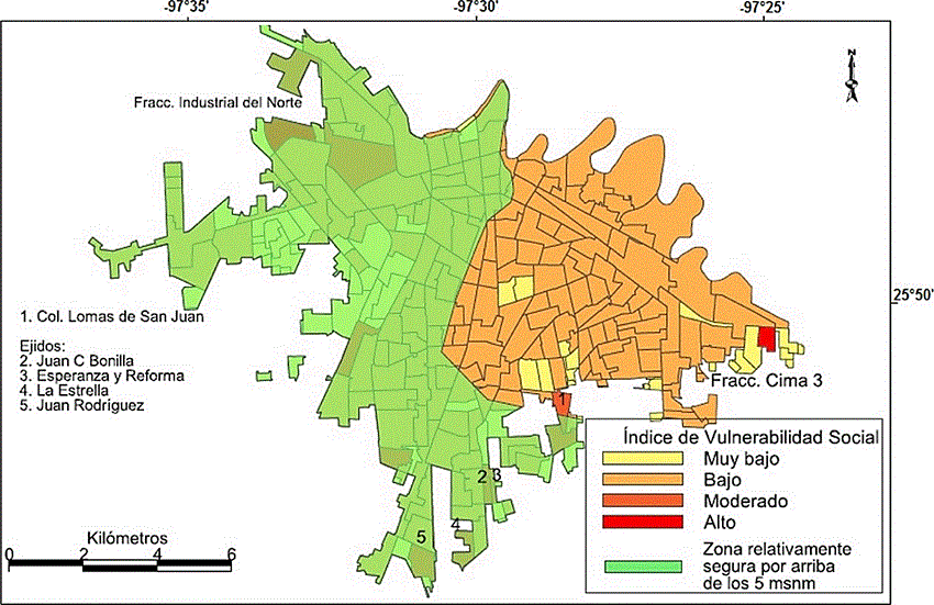 Índice de vulnerabilidad social de las zonas por debajo de los cinco msnm de Matamoros, Tamaulipas