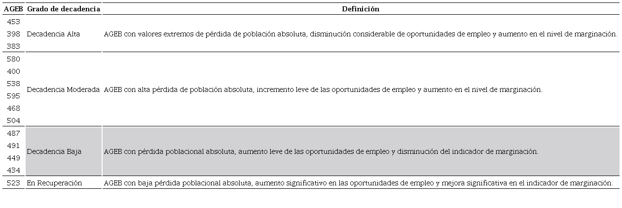 Definici&oacute;n de los grados de decadencia urbana del CTN