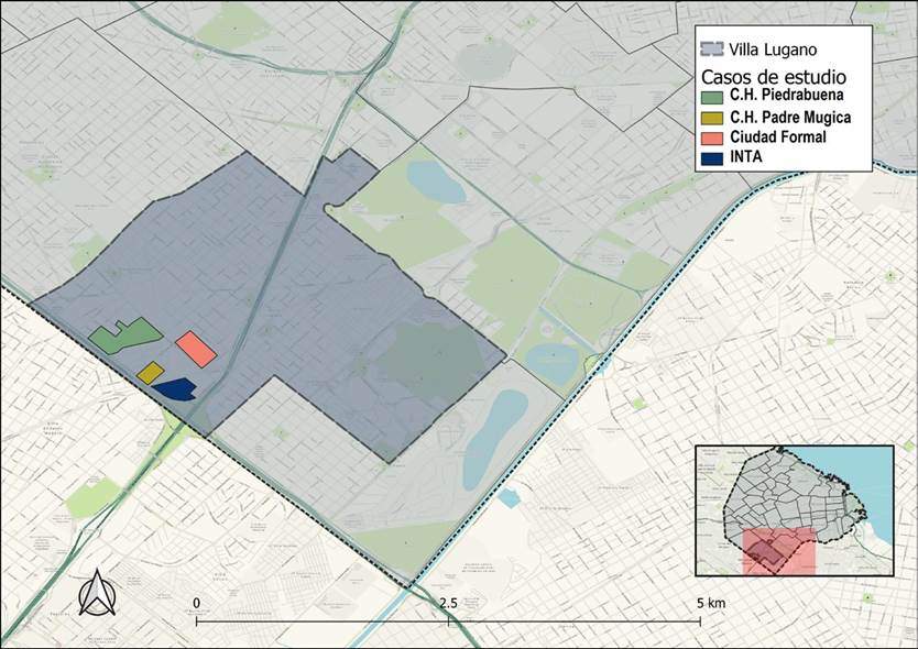 Localización de los casos de estudio en Villa Lugano, CABA