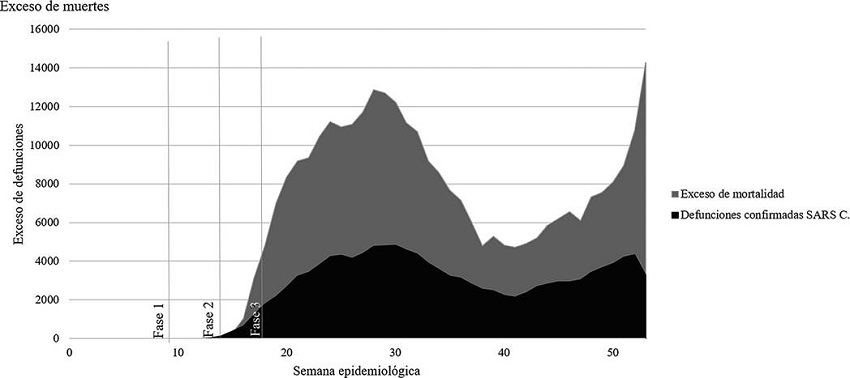Exceso de mortalidad por todas las causas y muertes confirmadas por COVID-19, semanas de la 12 a la 53, 2020