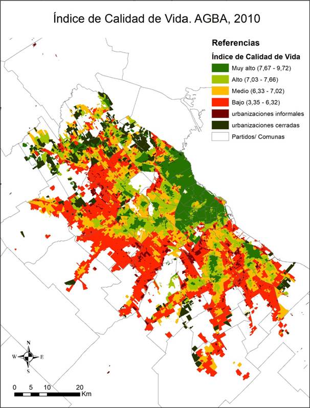 Índice de calidad de vida por radio censal (cuartiles), urbanizaciones informales y urbanizaciones cerradas. Aglomeración Gran Buenos Aires, 2010