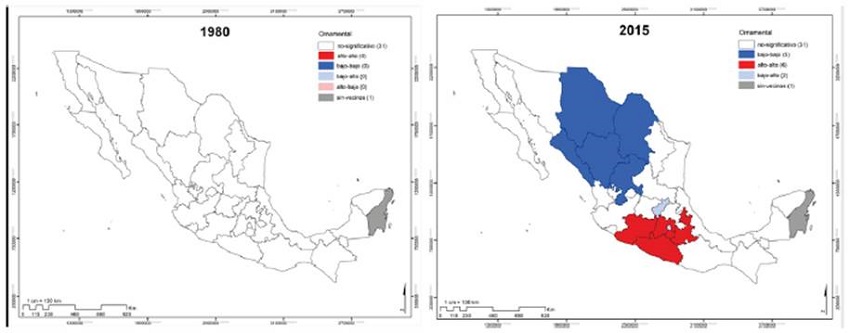 Concentración geográfica de la superficie cosechada de plantas ornamentales, 1980-2015