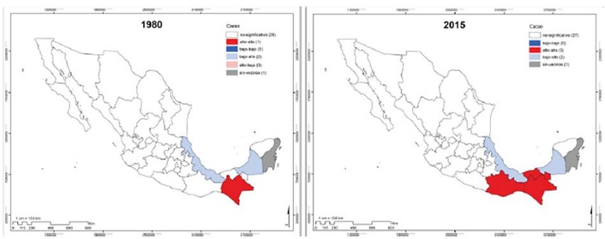 Concentración geográfica de la superficie cosechada de cacao, 1980-2015