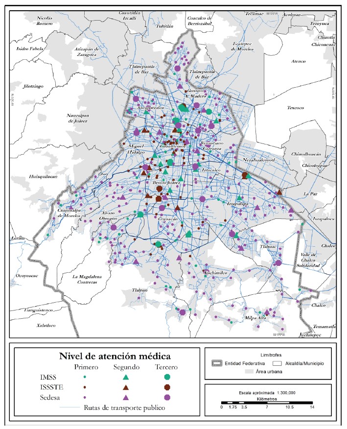 CDMX: unidades m&eacute;dicas seg&uacute;n nivel de atenci&oacute;n por instituci&oacute;n de salud y rutas y corredores del transporte p&uacute;blico concesionado
