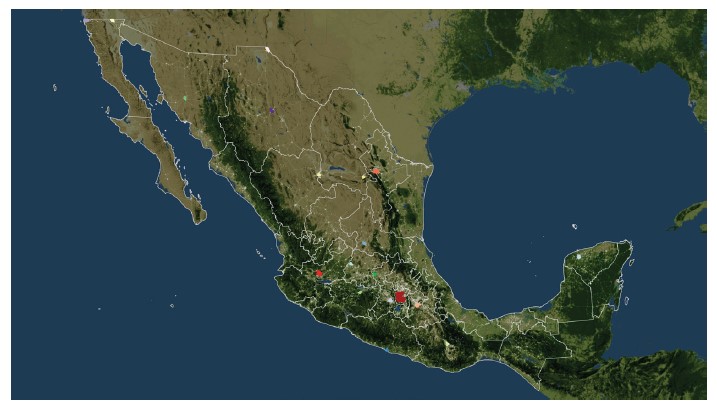 Map showing the Mexican road network percolated at 250 m