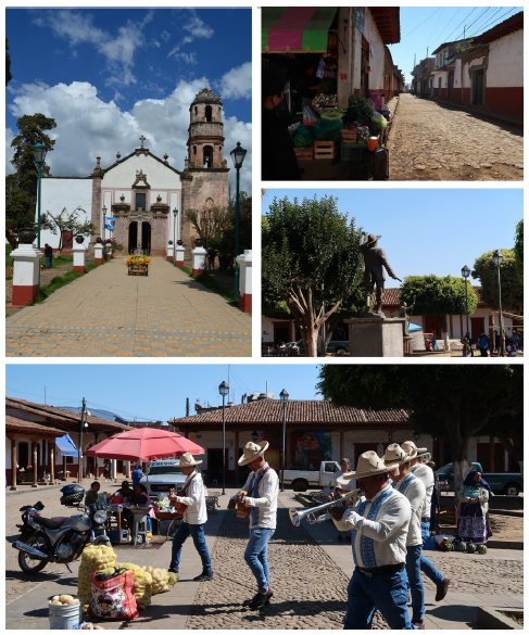 Landscapes of Santa Fe: the temple of San Nicolas of Bari; a typical street; musicians at the main square