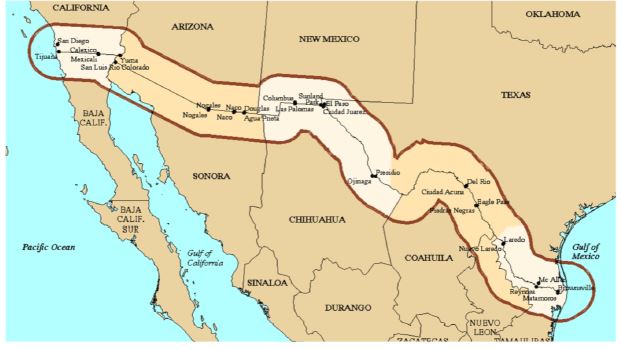 Mapa 1. Ciudades fronterizas de M&eacute;xico y Estado Unidos