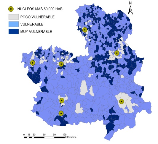 Figura 4. Los municipios de Castilla-La Mancha según los tipos de vulnerabilidad demográfica. 2014.