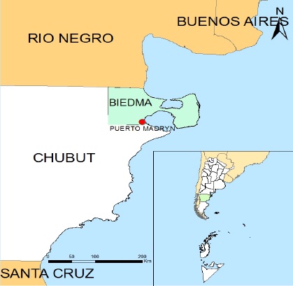 Mapa 1. Ubicaci&oacute;n de Puerto Madryn, Departamento de Biedma, Provincia de Chubut, Argentina.
