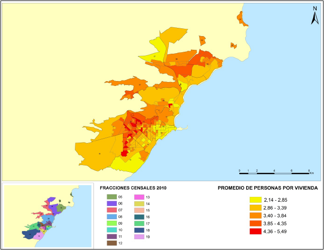 Promedio de personas por vivienda, por radios censales, 2010.