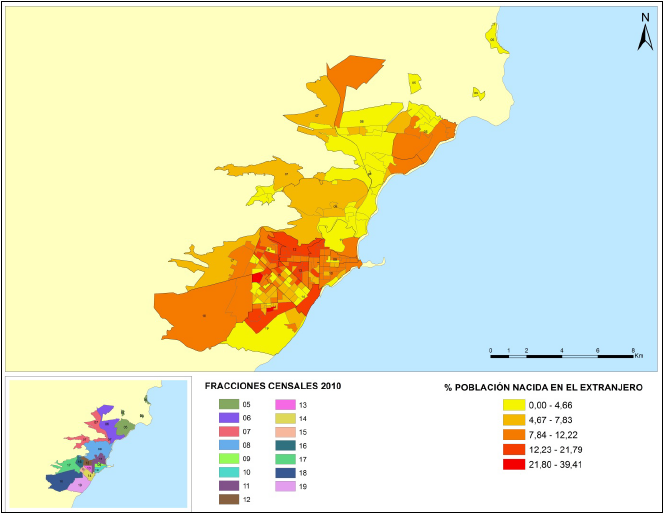 Proporci&oacute;n personas nacidas en el extranjero, por radios censales, 2010.