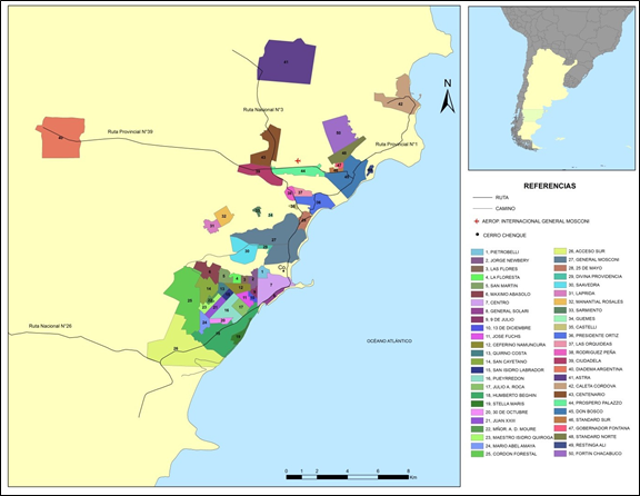 &Aacute;rea de estudio: Comodoro Rivadavia, divisi&oacute;n por barrios