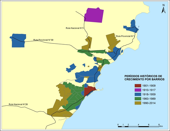 Comodoro Rivadavia, periodos hist&oacute;ricos de crecimiento por barrio, 1901-2014.