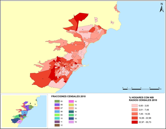 Proporci&oacute;n de hogares con necesidades b&aacute;sicas insatisfechas, por radios censales, 2010.