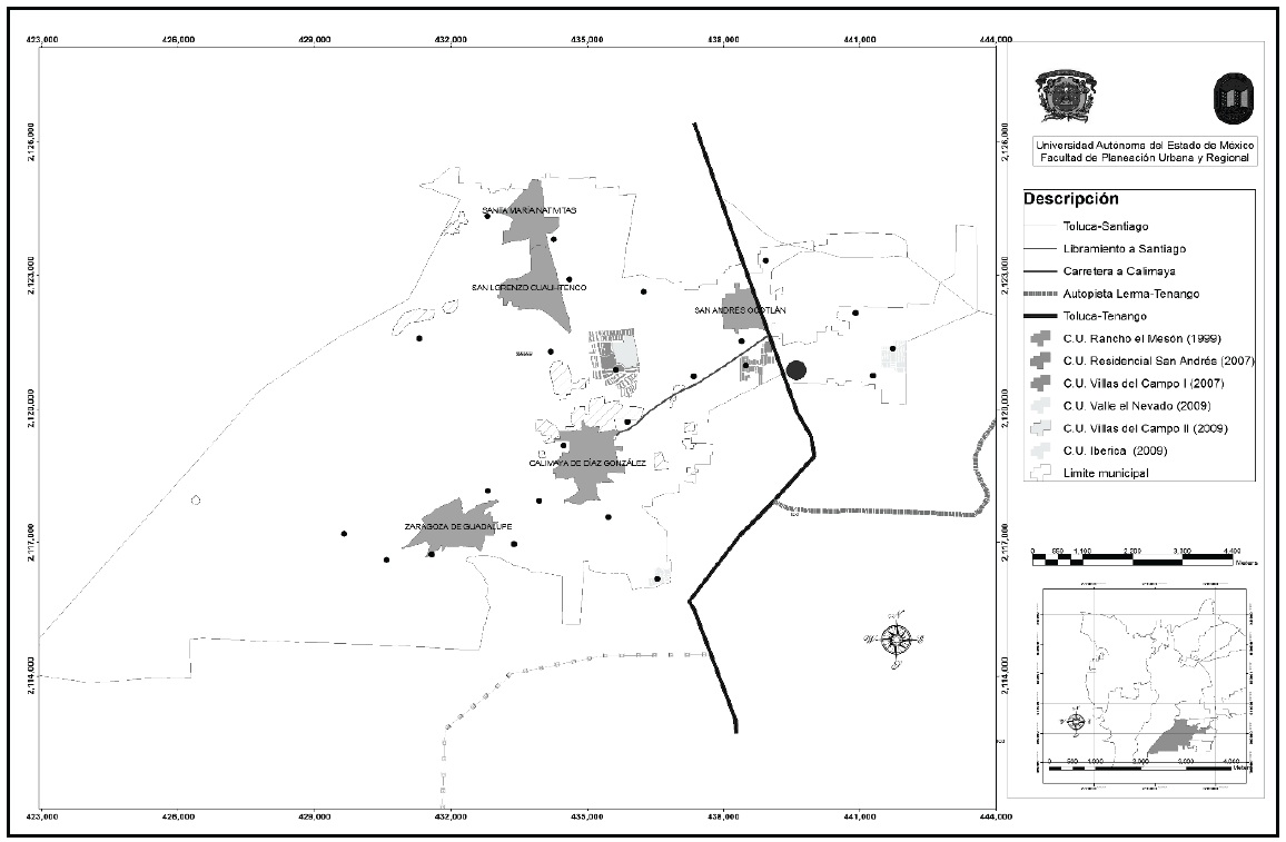 Conjuntos urbanos Villas del campo II, Ibérica y Valle del Nevado,en las localidades de Calimaya de Díaz González y La Concepción Coatipac, 2009